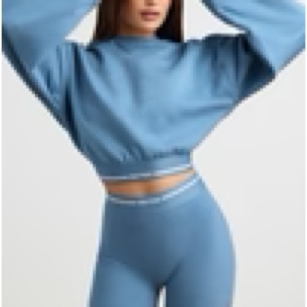 BOO TEE Stretch Cotton Fleece Cropped Hoodie in Steel Blue - Picture 5 of 11